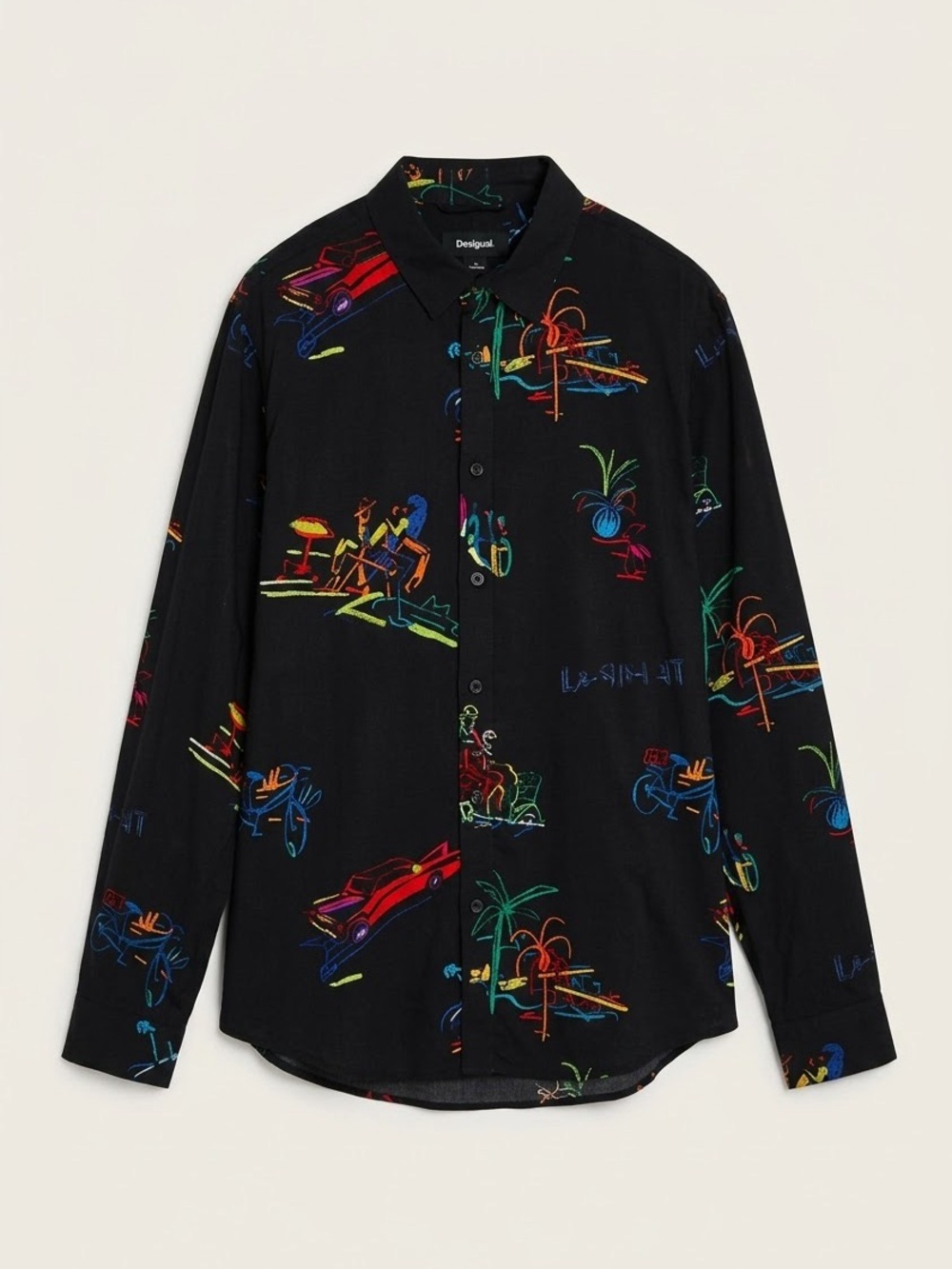 Desigual Men’s Printed Cotton Button‑Up Shirt – Black, Size XL (NWT)
